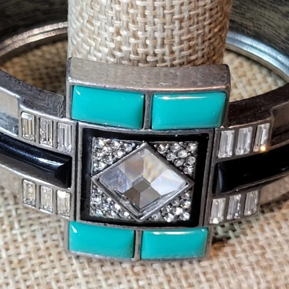 Art Deco Silver Bracelet NYE Party Statement Turquoise Red Carpet Retro NEW